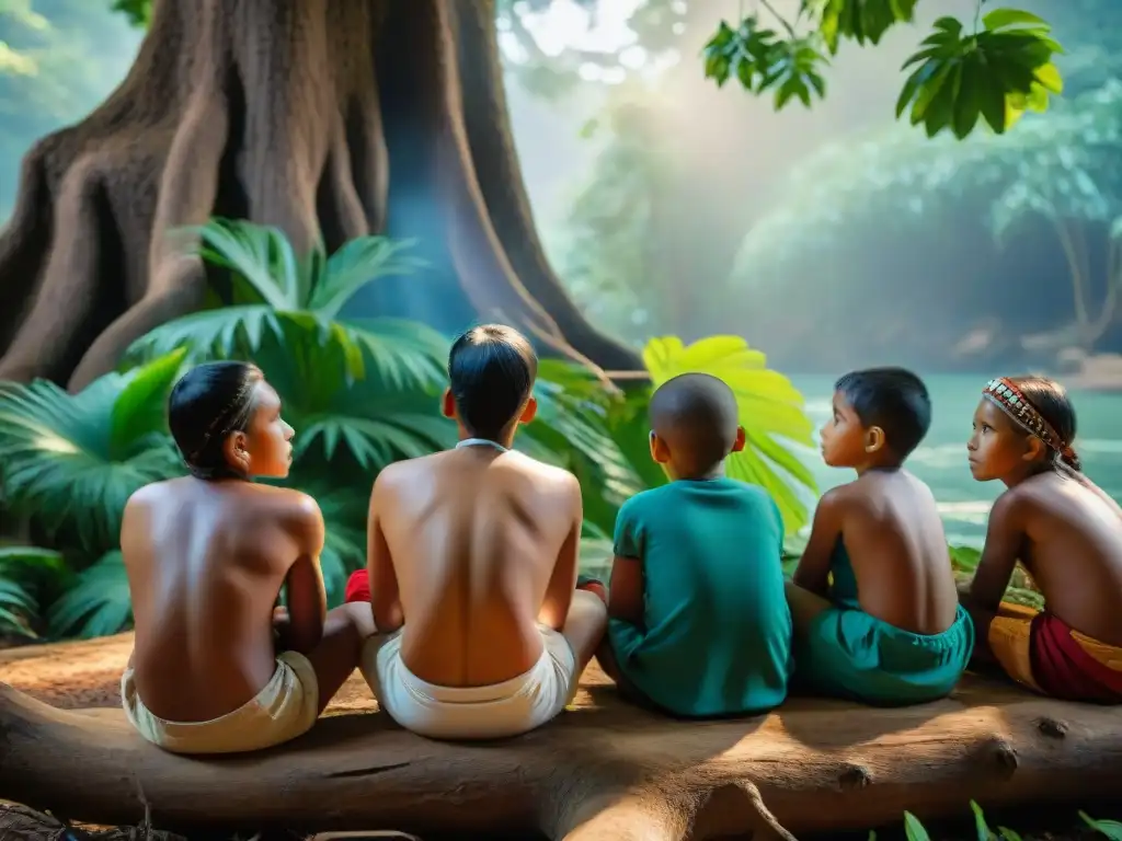 Grupo de niños indígenas escuchando atentamente a un anciano bajo un árbol en la selva