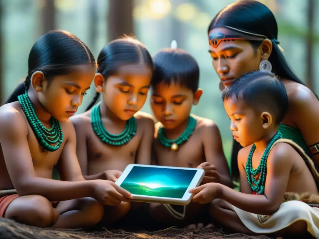 Un grupo de niños indígenas interactúa con una app educativa sobre su herencia cultural en un claro del bosque