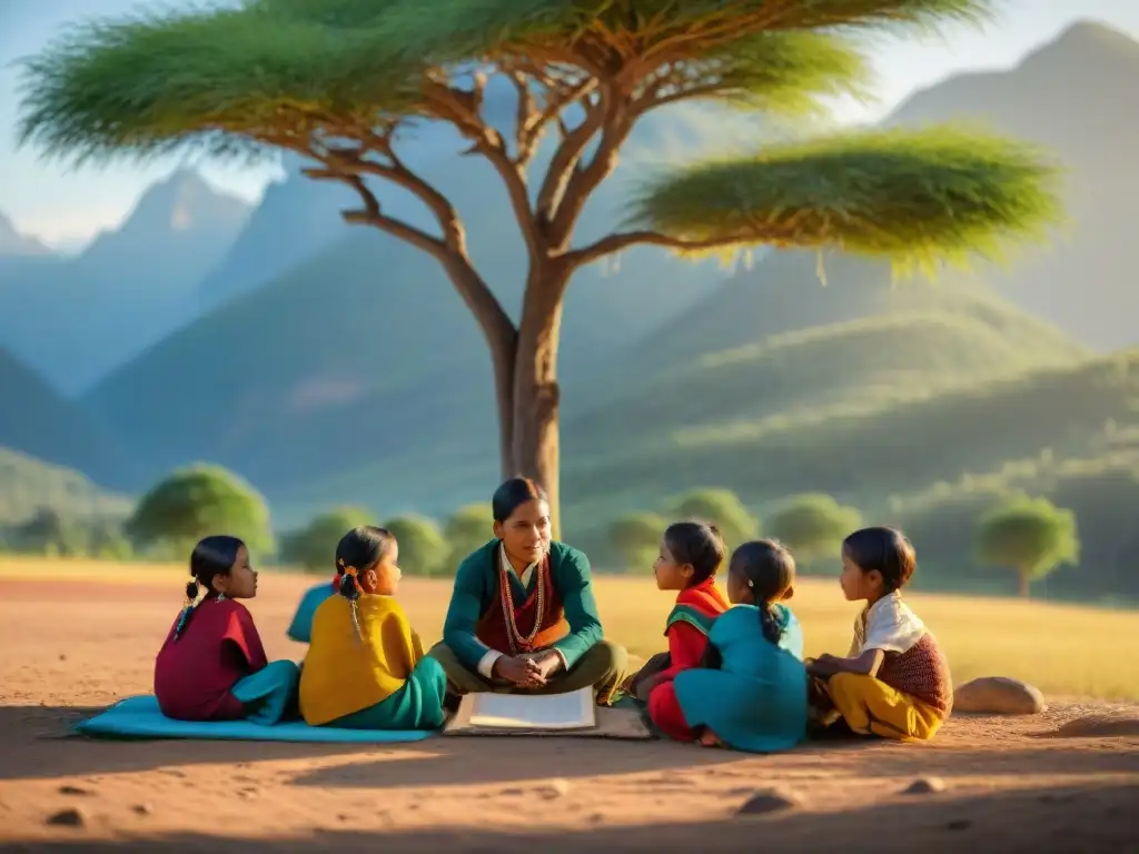 Un grupo de niños indígenas estudian bajo un árbol, con su maestro, en un entorno educativo y sereno al atardecer