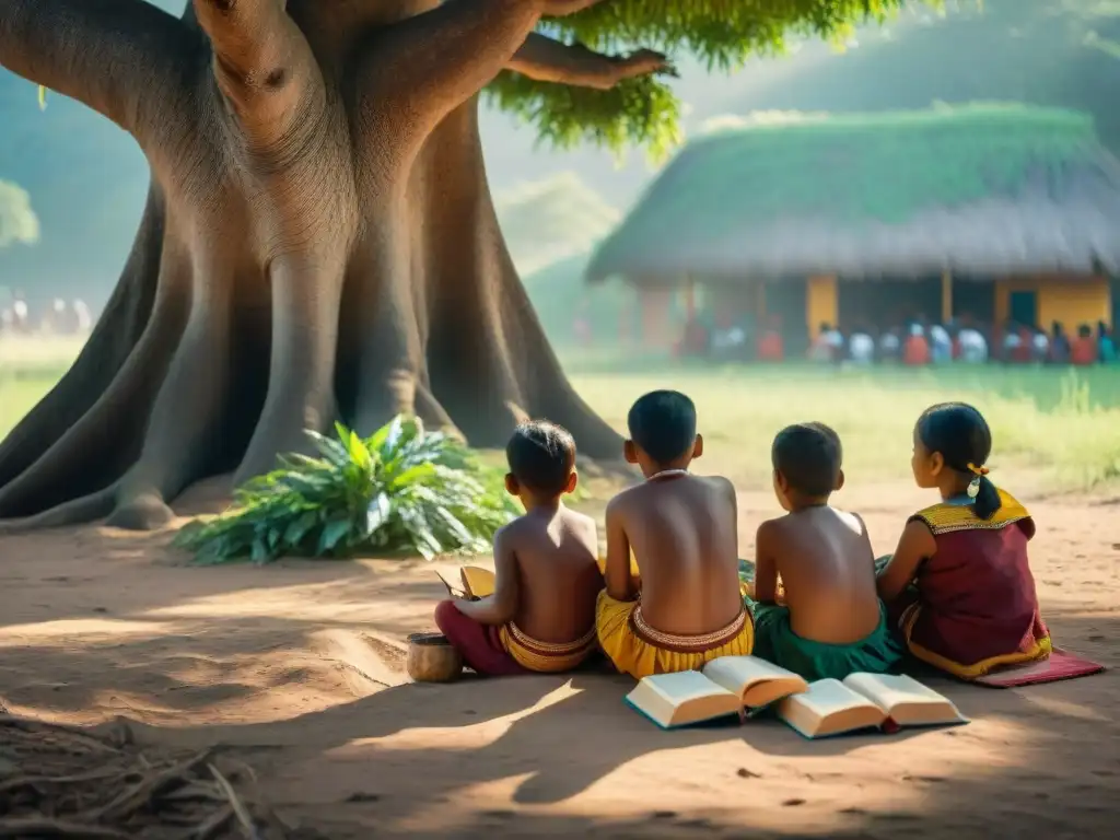 Grupo de niños indígenas estudiando bajo un árbol, rodeados de naturaleza y cultura