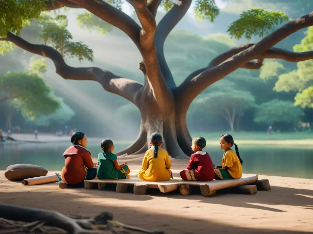 Un grupo de niños indígenas aprendiendo bajo un árbol, destaca la importancia de la educación para la igualdad derechos indígenas