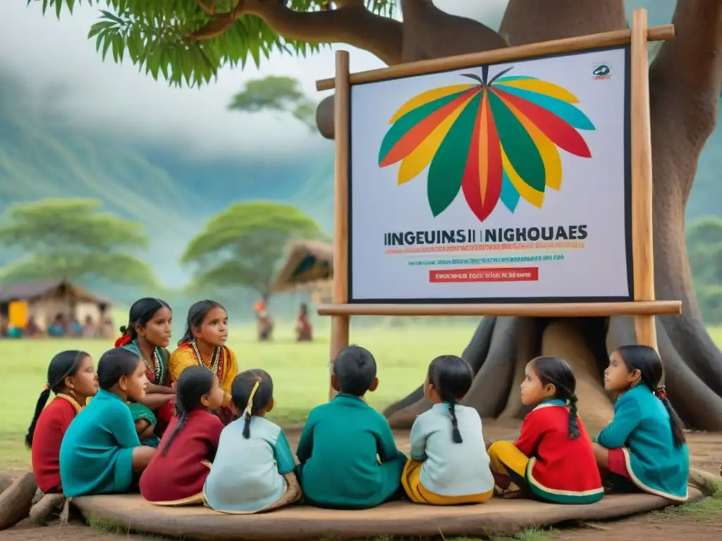 Grupo de niños indígenas aprendiendo bajo un árbol, rodeados de naturaleza y decoraciones tradicionales