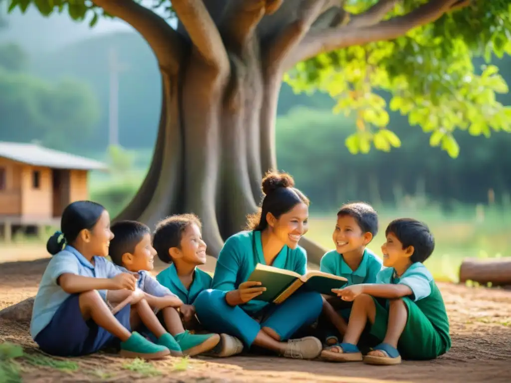 Grupo de niños indígenas aprendiendo bajo un árbol en comunidad rural