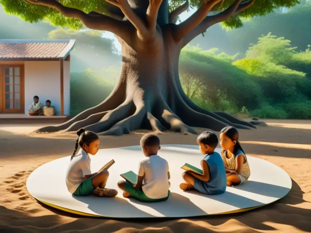 Grupo de niños indígenas leyendo bajo un árbol, preservación lenguas indígenas educación