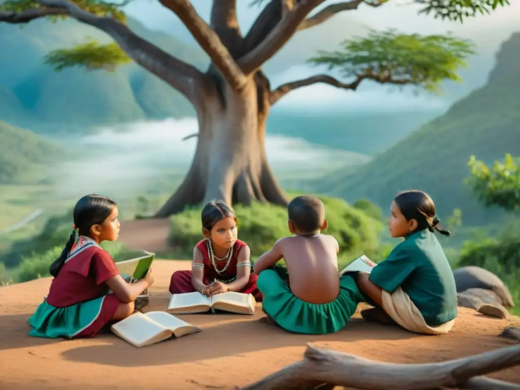 Grupo de niños indígenas aprendiendo bajo un árbol en un entorno remoto, rodeados de materiales educativos