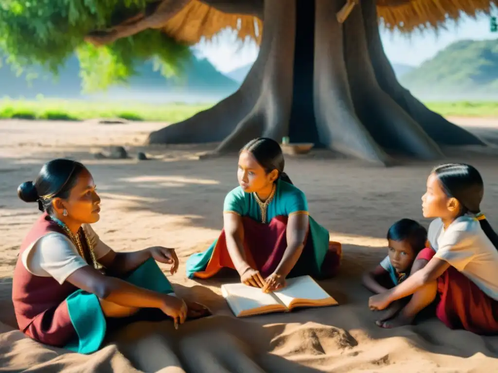 Grupo de niños indígenas aprendiendo bajo un árbol en una aldea remota, simbolizando la educación en comunidades indígenas remotas