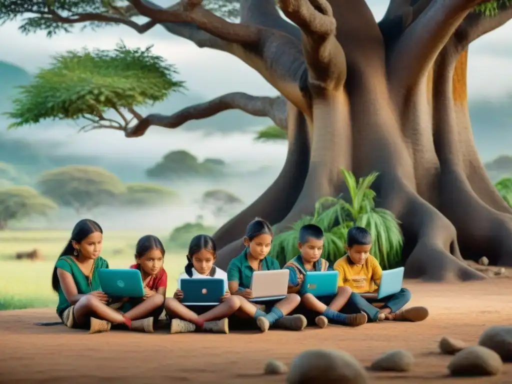 Un grupo de niños indígenas usa tecnología para educación bilingüe en comunidad nativa, bajo un árbol frondoso