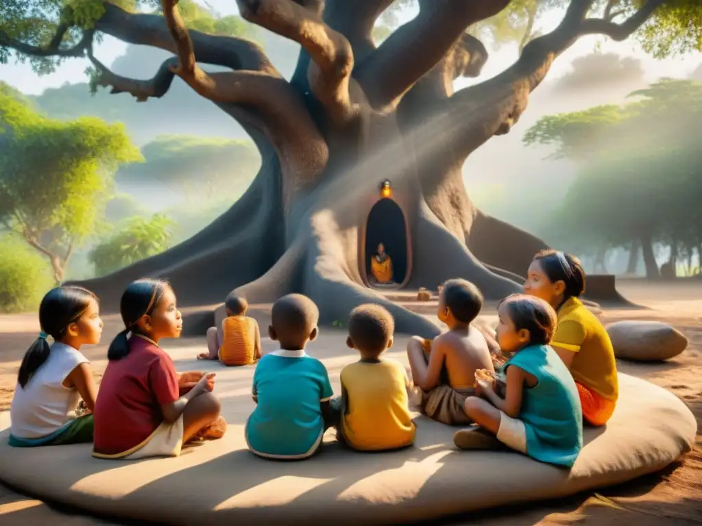 Grupo de niños indígenas aprendiendo sobre su cultura y lengua bajo un árbol ancestral