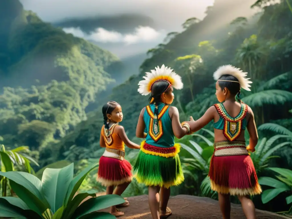 Un grupo de niños indígenas danza en la selva con plumas y bordados