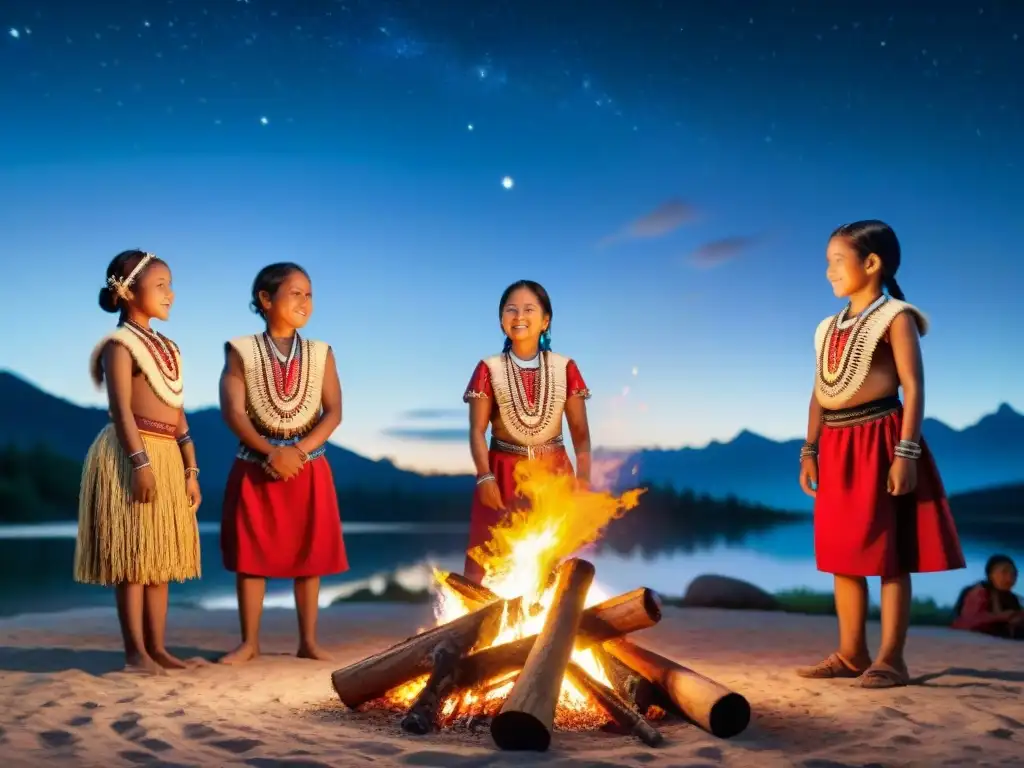 Grupo de niños indígenas en danza alrededor de fogata bajo el cielo estrellado, integración rituales festividades indígenas