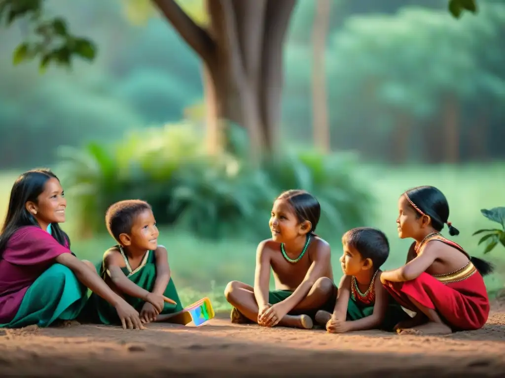 Niños indígenas aprendiendo con tecnología en la selva Grupo de niños indígenas aprendiendo de forma innovadora en la selva
