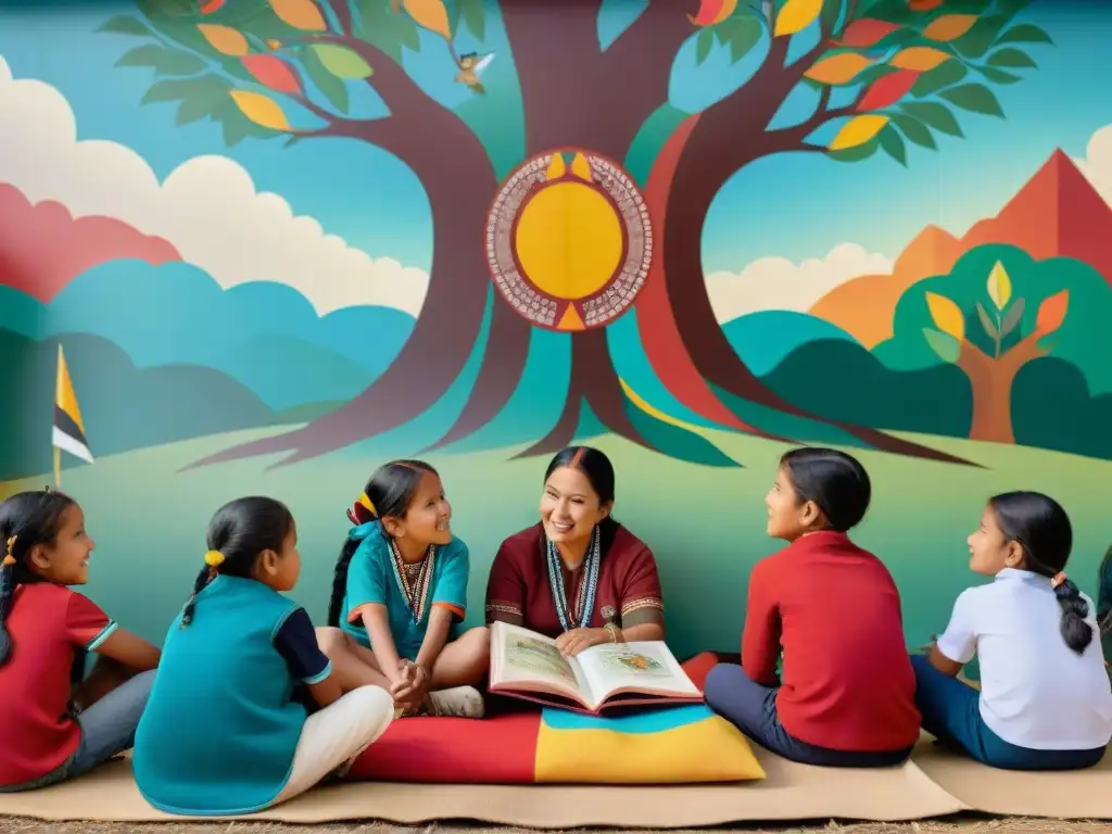 Grupo de niños indígenas aprendiendo su idioma bajo un árbol, rodeados de libros coloridos y materiales educativos