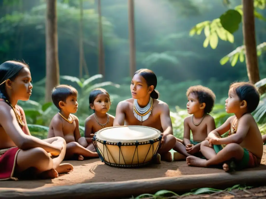 Grupo de niños indígenas tocando instrumentos tradicionales en círculo en la selva