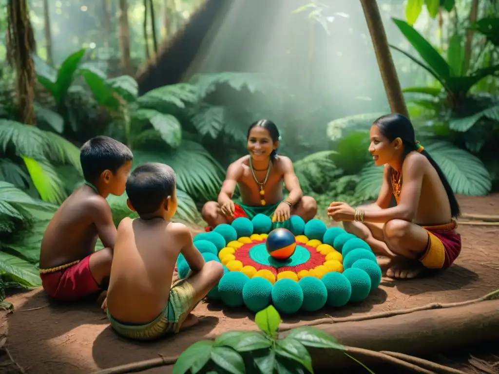 Grupo de niños indígenas amazónicos disfrutando de juego tradicional con pelotas tejidas