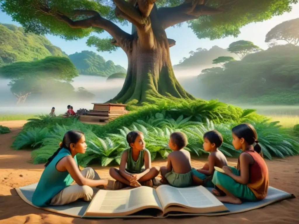 Un grupo de niños indígenas lee libros con ilustraciones de historias tradicionales bajo un árbol