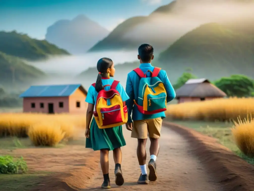 Grupo de niños indígenas con mochilas coloridas caminan hacia la escuela, resaltando la lucha por los derechos educativos