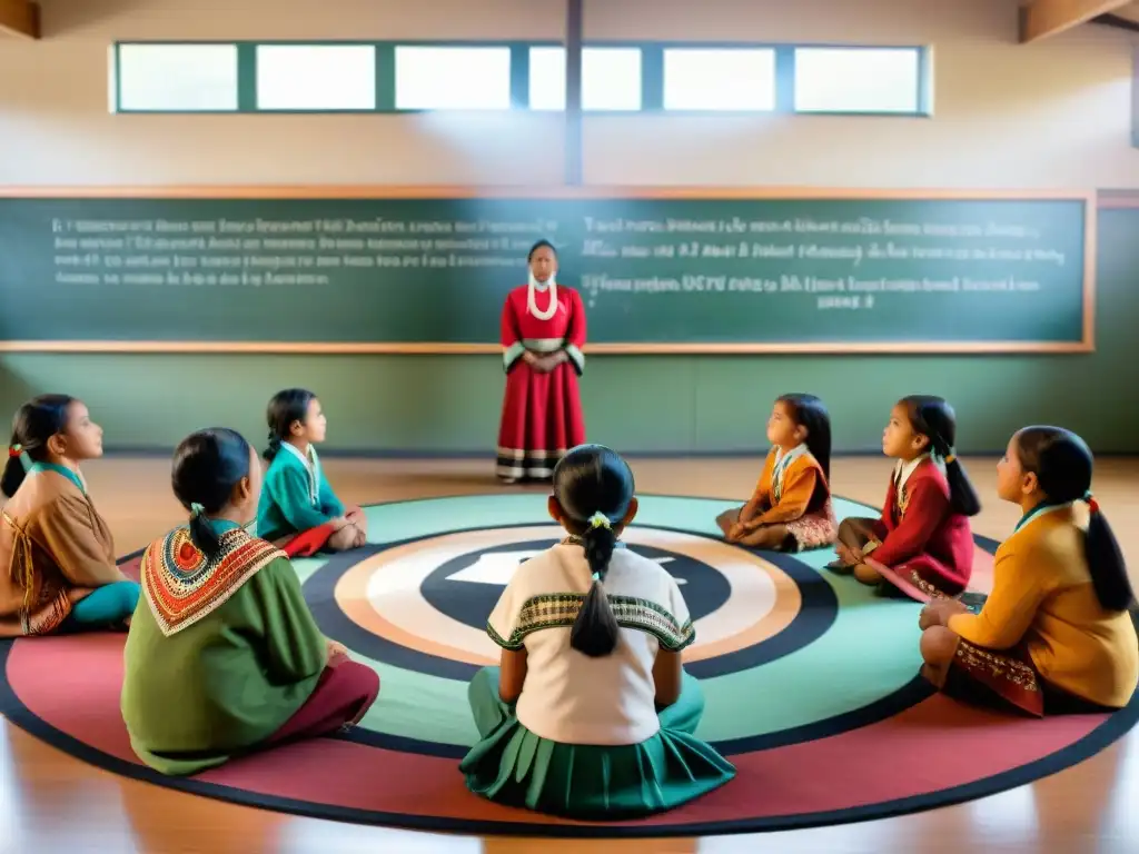 Grupo de niños indígenas participando en proyecto escolar sobre derechos indígenas