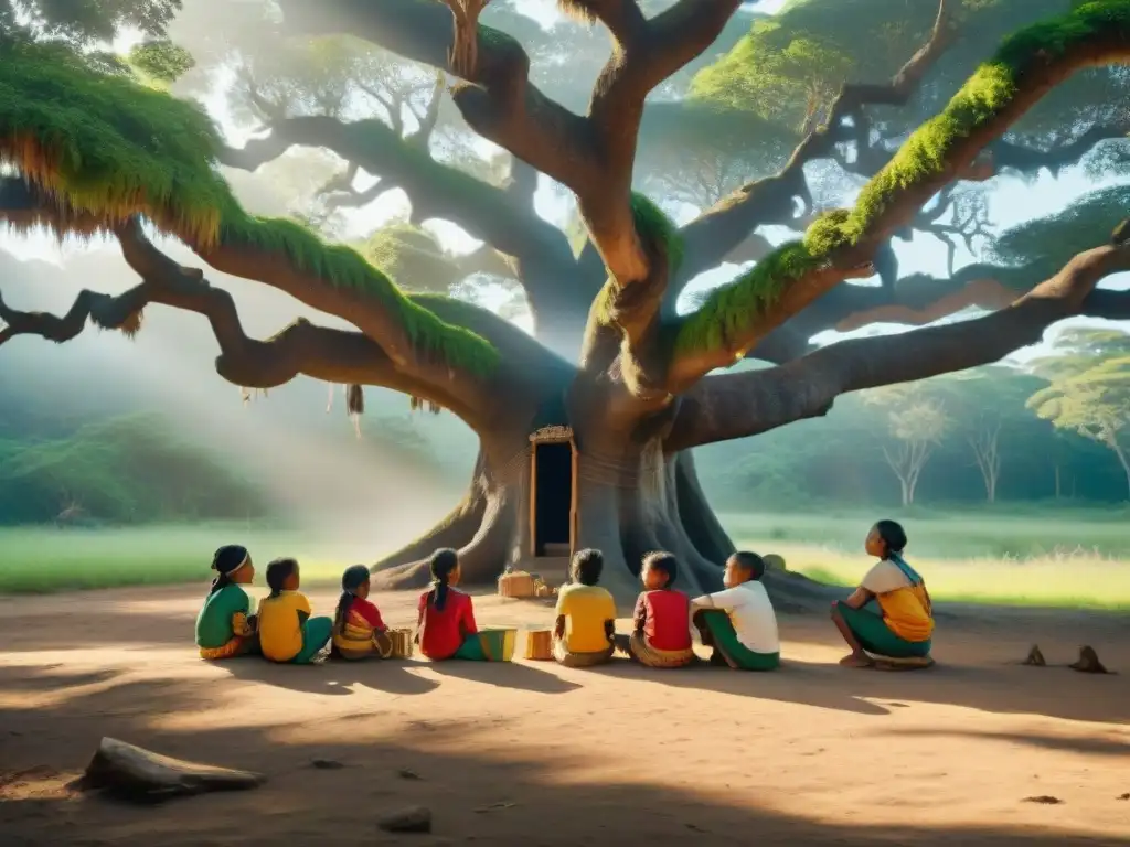 Un grupo de niños indígenas lee publicaciones sobre educación indígena bajo un árbol ancestral en la selva