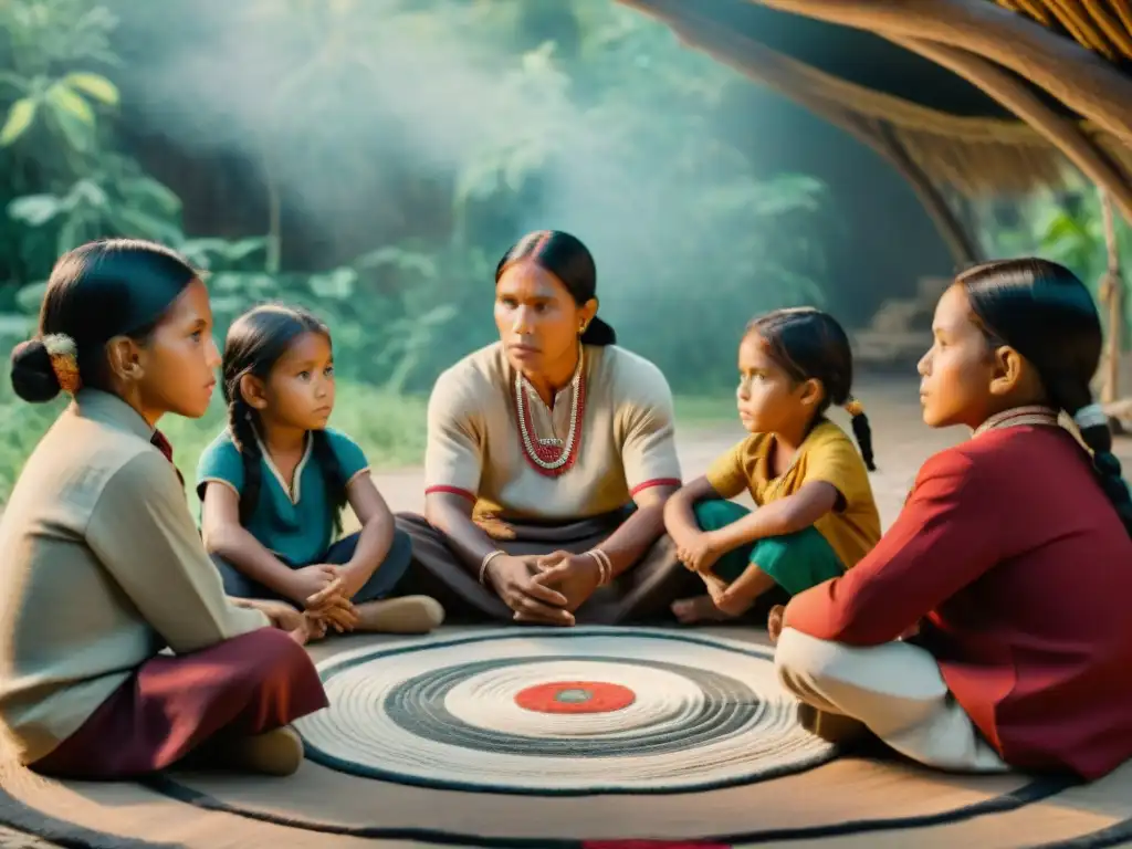 Grupo de niños indígenas escuchando relato ancestral al aire libre