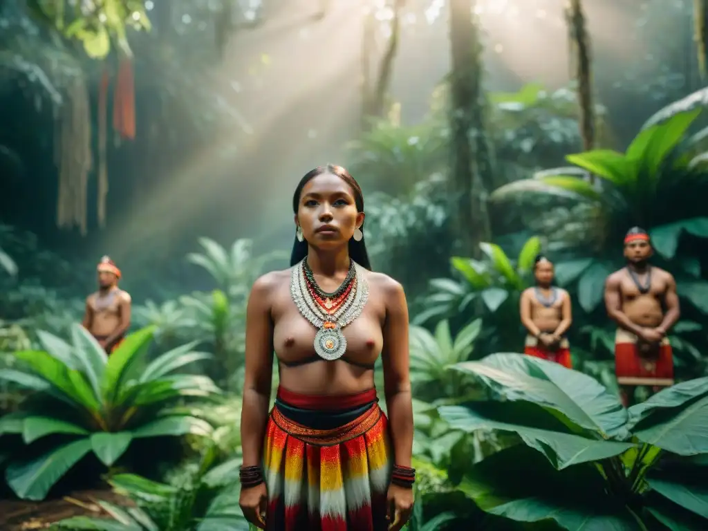 Un grupo de niños indígenas en un ritual cultural en la selva, con la palabra clave 'Realidad aumentada para cultura indígena'