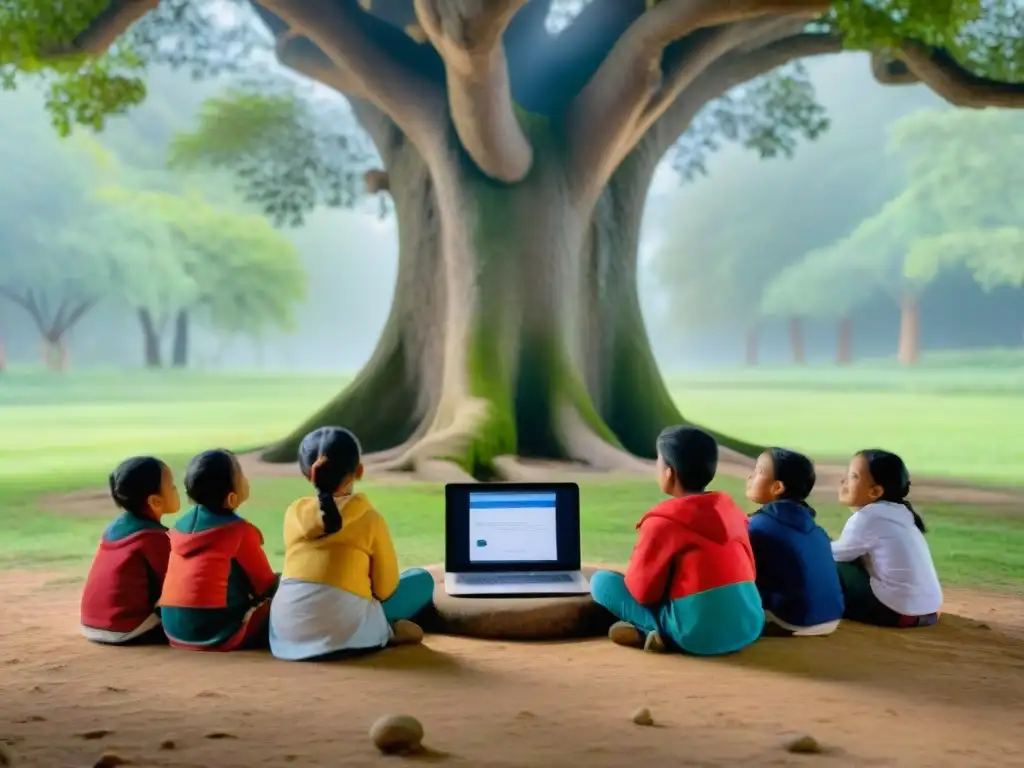 Grupo de niños indígenas disfrutando de software educativo en lenguas indígenas bajo un árbol centenario