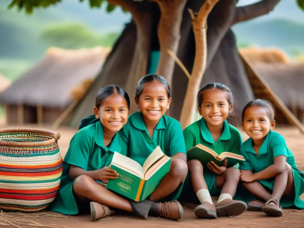 Un grupo de niños indígenas sonrientes leen bajo un árbol, rodeados de elementos tradicionales y educativos en su idioma nativo