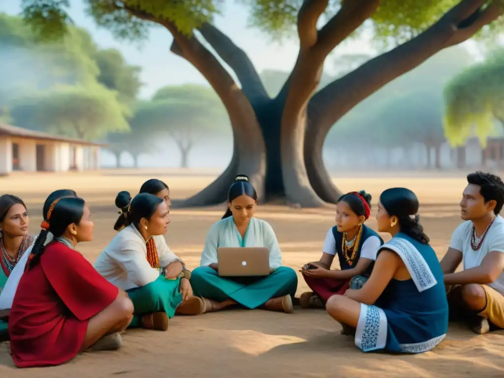 Grupo de niños indígenas usando tecnologías educativas bajo un árbol