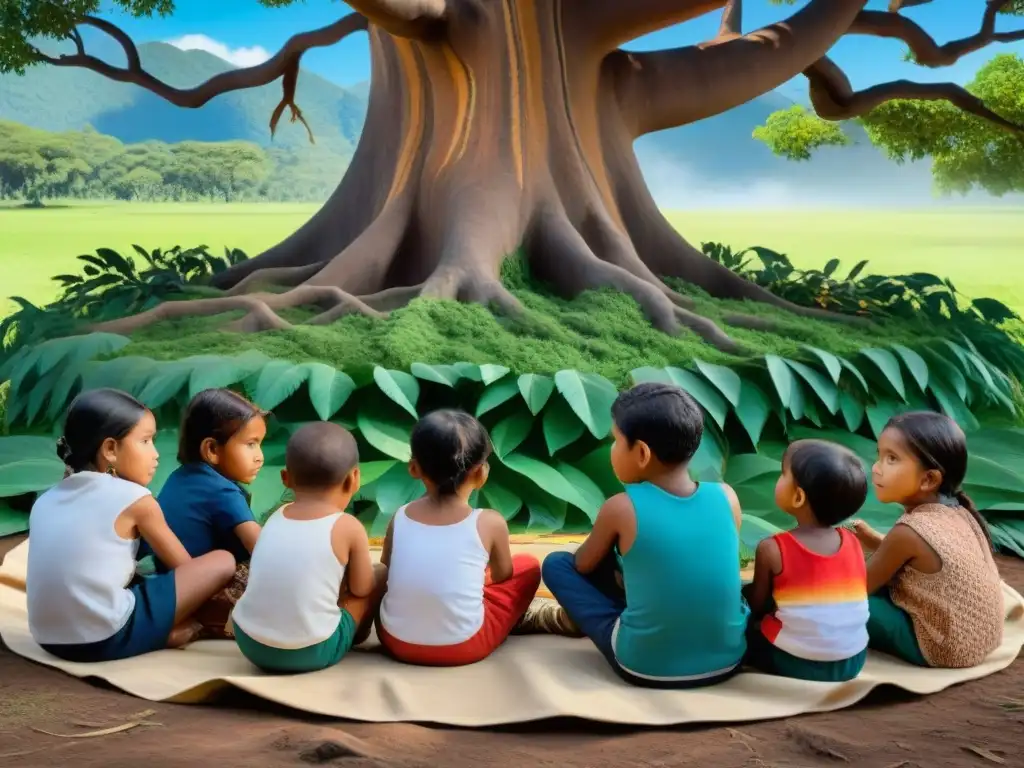 Un grupo de niños indígenas de diversas tribus de América creando arte tradicional bajo un árbol