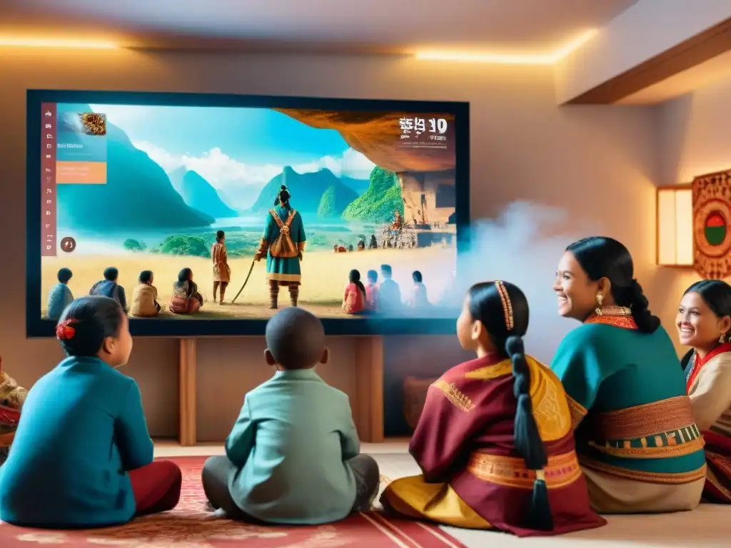 Grupo de niños indígenas disfrutando de videojuegos en lenguas indígenas, fusionando tradición y tecnología