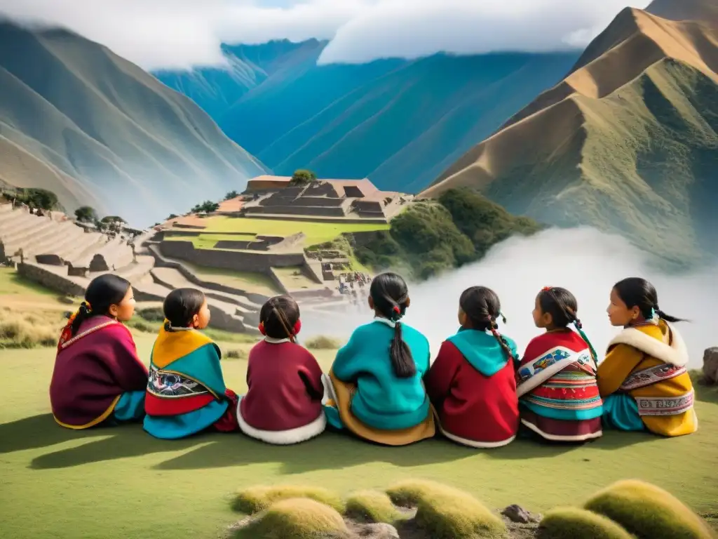 Grupo de niños quechua en la escuela rural de los Andes, lección bilingüe en la montaña