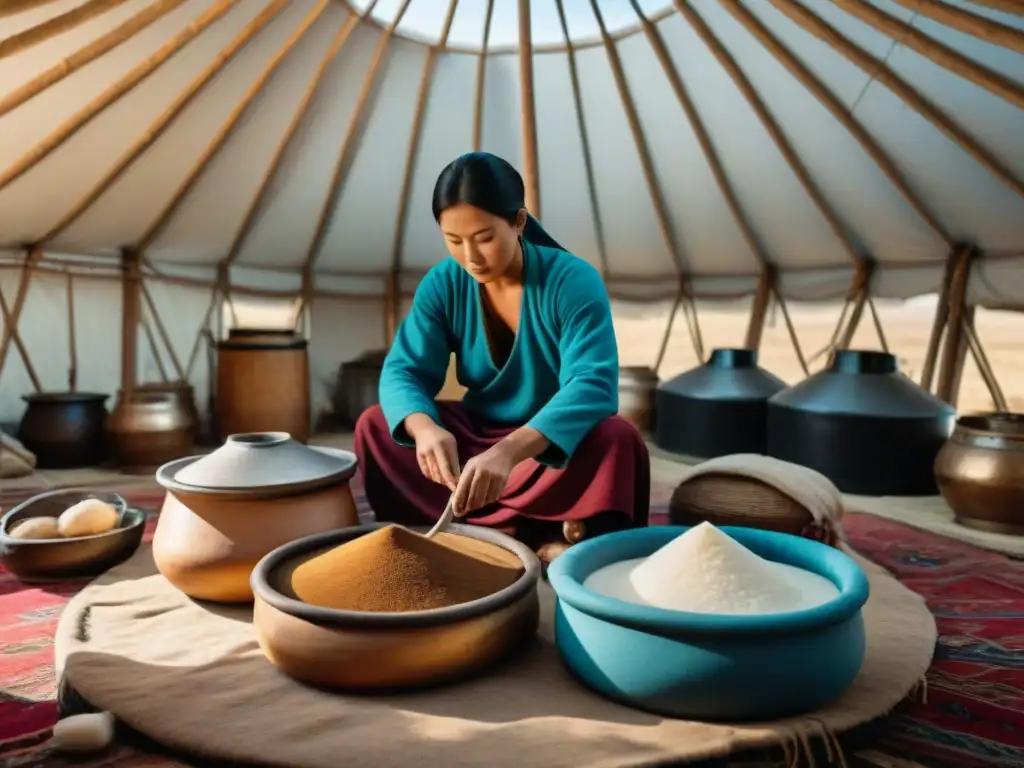 Grupo nómada en Asia Central fermentando kumis en yurta