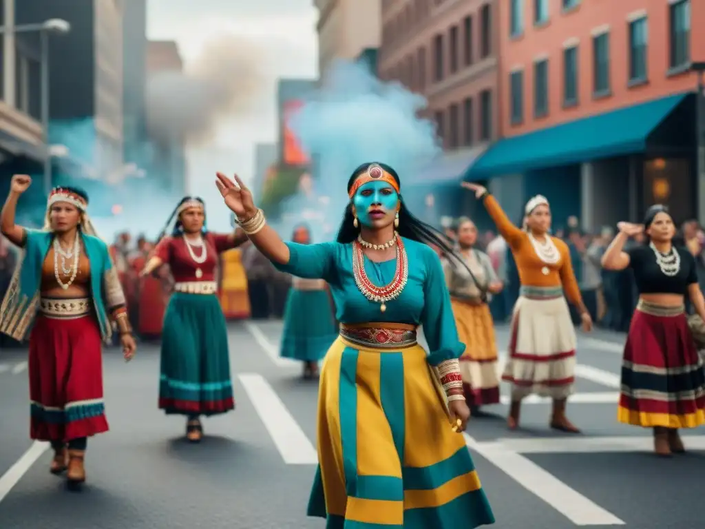 Grupo de indígenas danzando con pasión en protesta, fusionando tradición y activismo en la ciudad