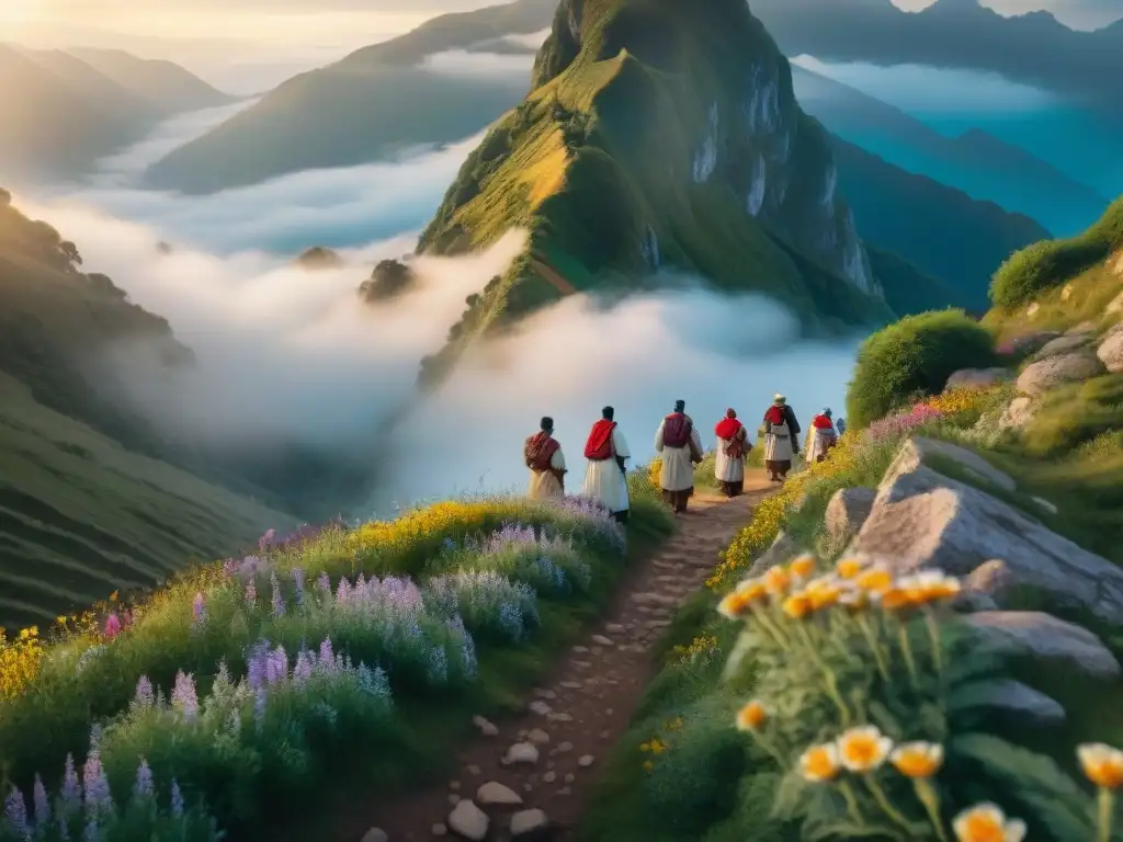 Un grupo de peregrinos indígenas en un sendero de montaña, rodeados de flores silvestres, bajo la cálida luz dorada del atardecer