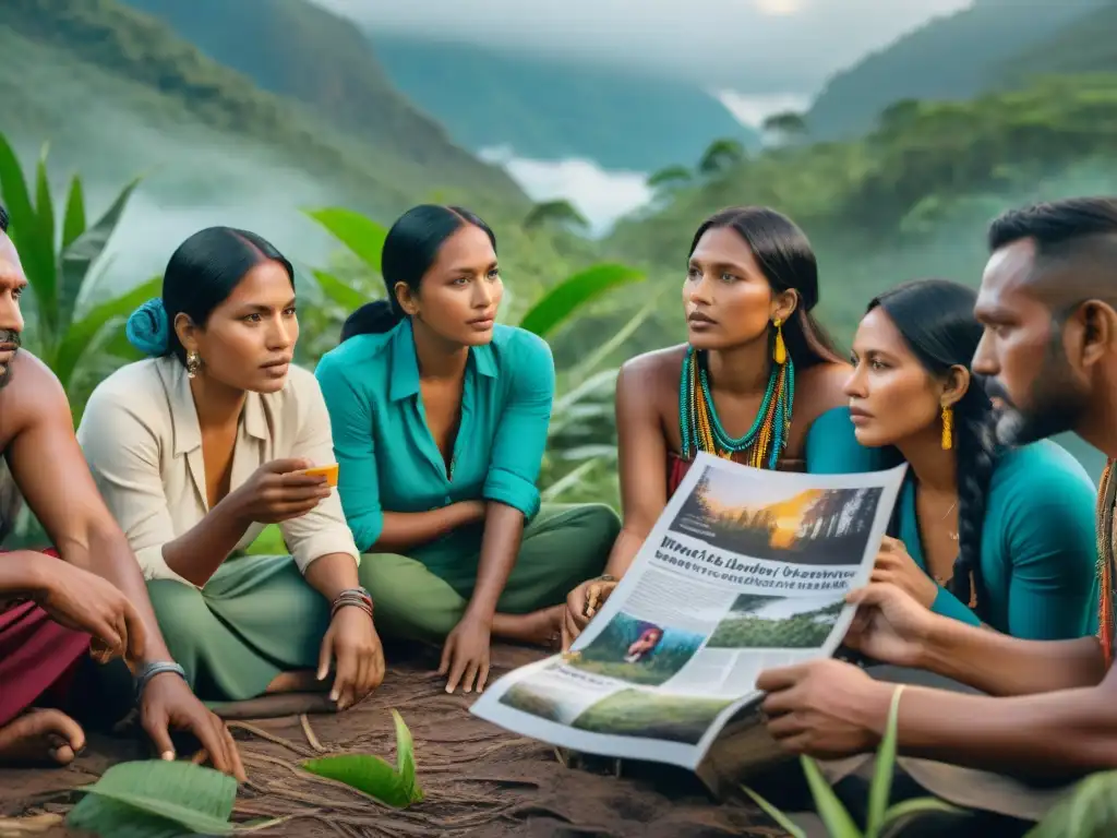 Un grupo de periodistas indígenas, trabajando juntos en un rincón de la selva, mezclando tradición y tecnología