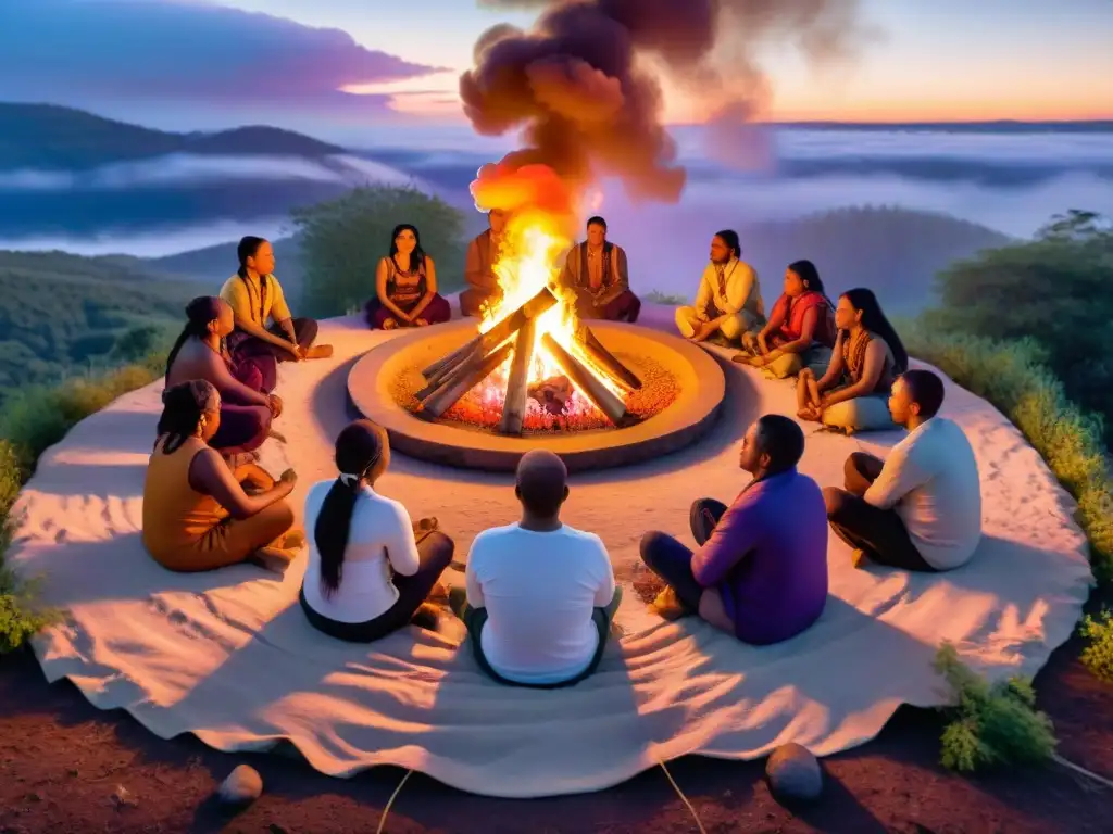 Grupo de personas de comunidades indígenas en círculo alrededor de fogata, tocando instrumentos musicales en la selva al atardecer