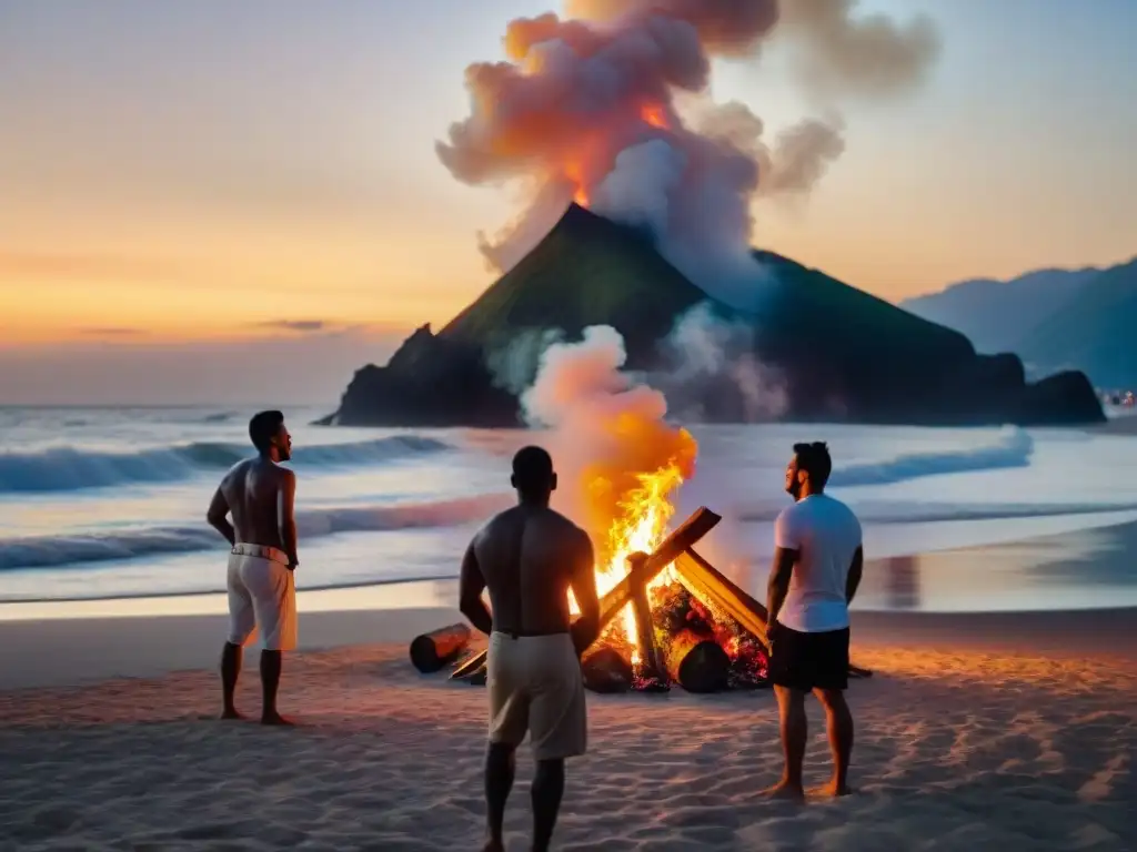 Grupo en la playa alrededor de fogata en Rituales ancestrales noche San Juan, rostros iluminados por el fuego