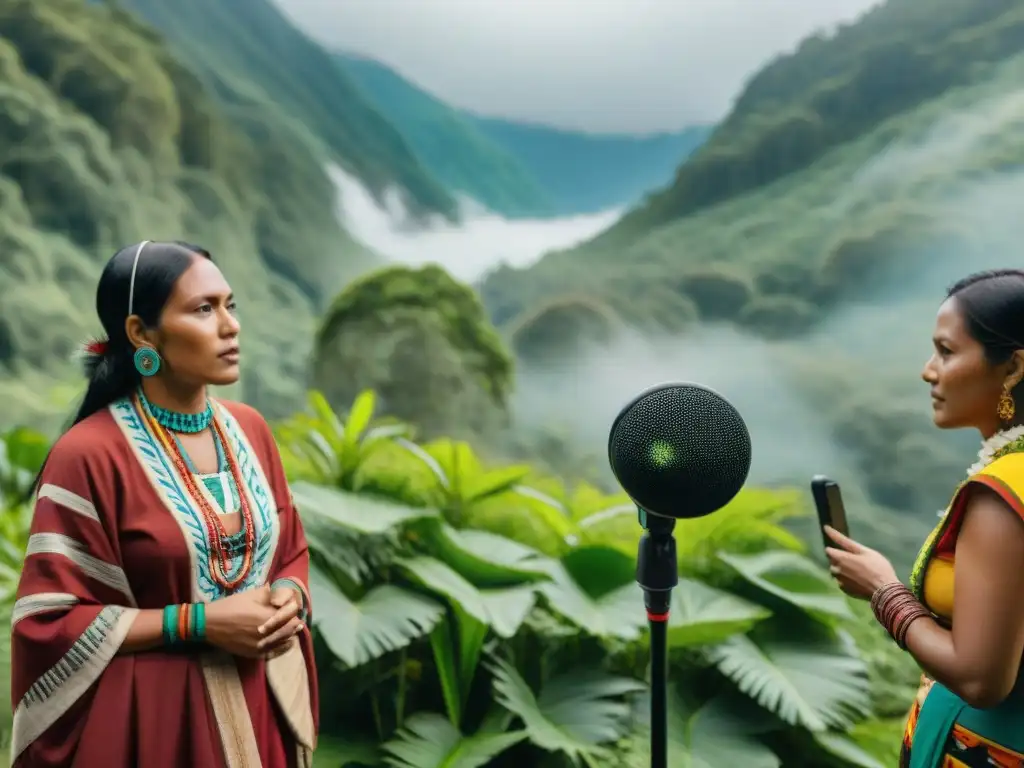 Un grupo de indígenas grabando un podcast en la naturaleza, compartiendo su cultura