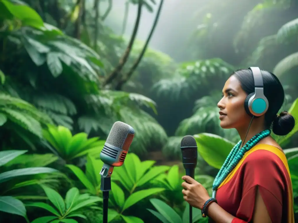 Un grupo de podcasters indígenas en América reunidos alrededor de un micrófono en la selva