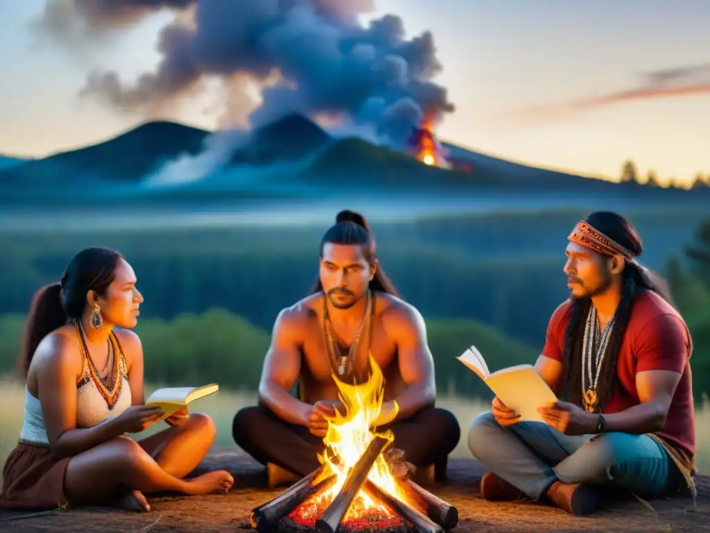 Poetas indígenas junto a fogata: pasión y resistencia Un grupo de poetas indígenas contemporáneos de América se reúnen alrededor de una fogata, con rostros iluminados por las llamas, en una escena de pasión y determinación en la naturaleza nocturna