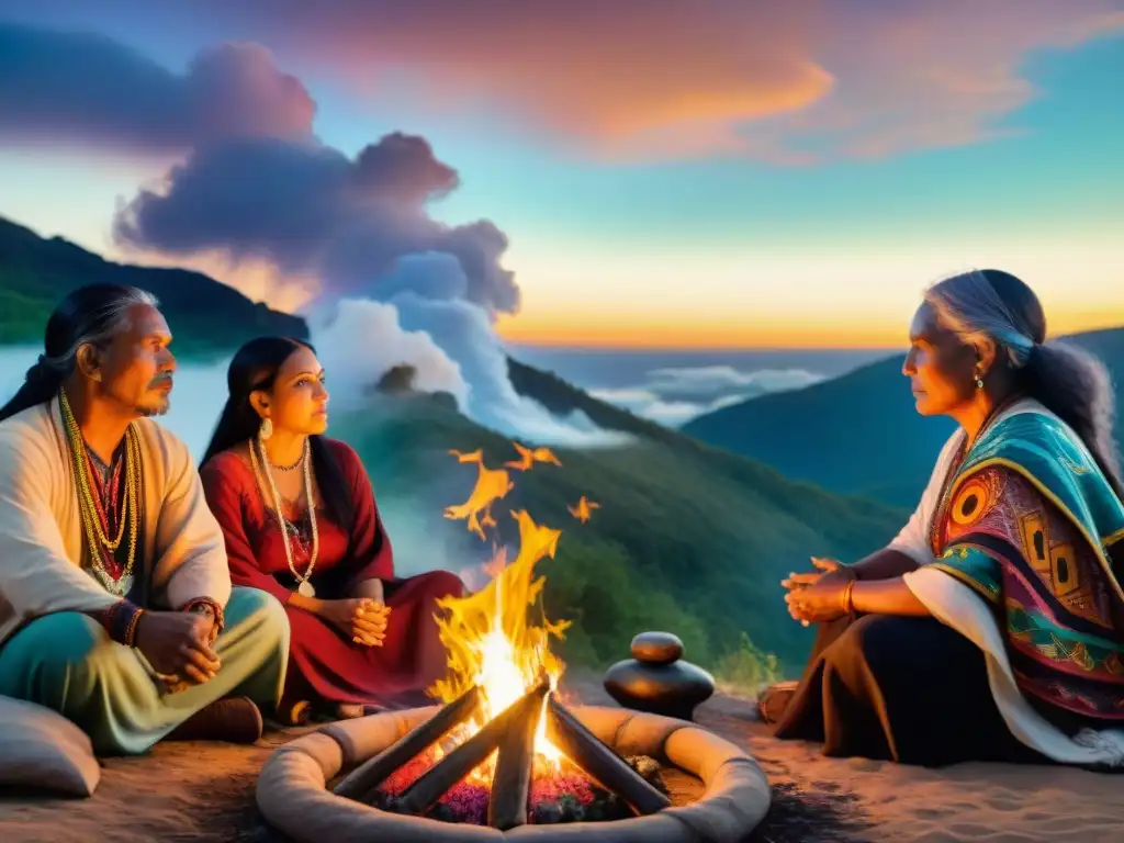 Poetas indígenas comparten historias alrededor del fuego bajo las estrellas Un grupo de poetas indígenas contemporáneos de América compartiendo historias y poemas alrededor de una fogata bajo un cielo estrellado