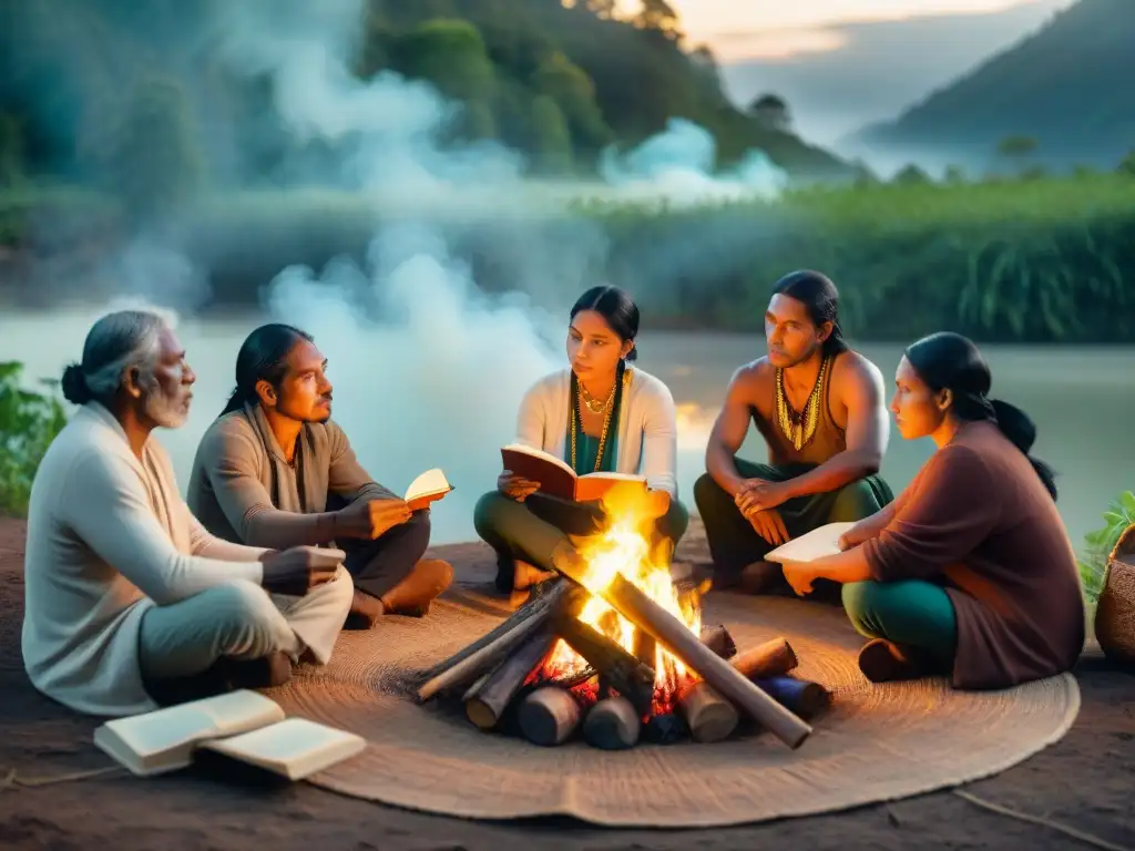 Grupo de poetas indígenas recitando junto al fuego en el bosque