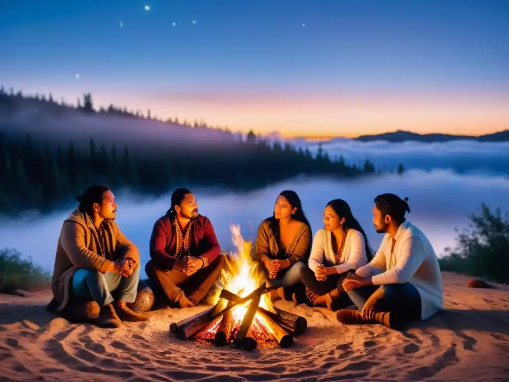 Grupo de poetas indígenas compartiendo versos alrededor de una fogata bajo un cielo estrellado