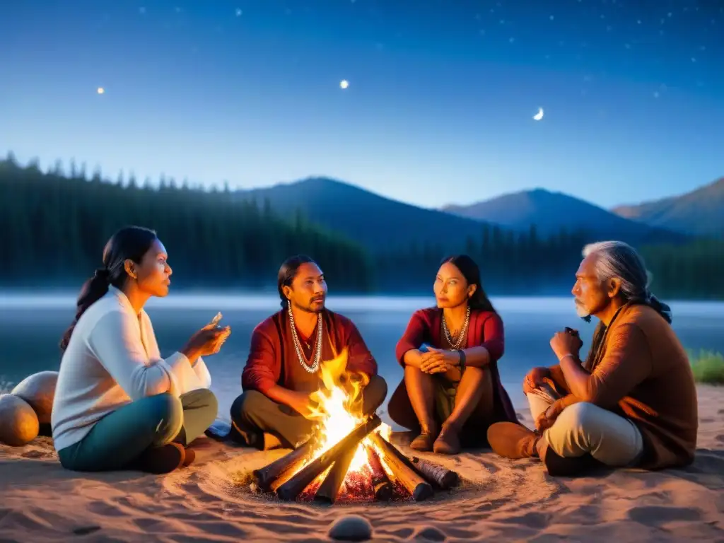 Un grupo de poetas y narradores indígenas se reúnen alrededor de una fogata bajo un cielo estrellado, transmitiendo tradiciones ancestrales