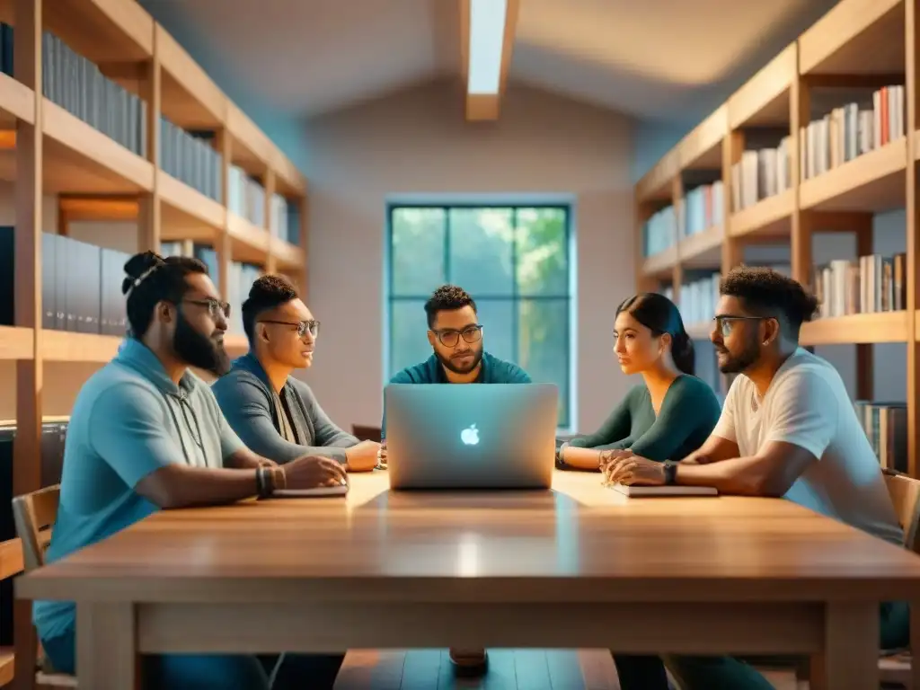 Un grupo de programadores indígenas trabajando en laptops en una mesa de madera rodeados de libros y artefactos culturales, iluminados por luz natural