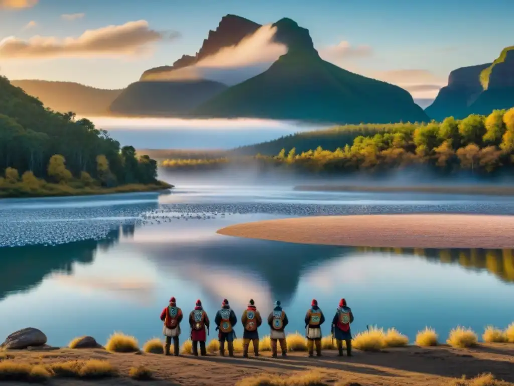 Grupo de protectores de agua indígenas en defensa de sitios sagrados frente al río al amanecer