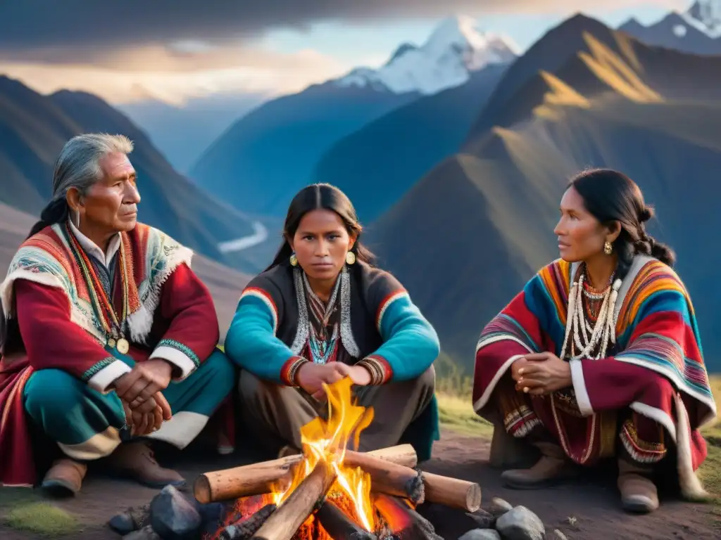 Un grupo de pueblos andinos luchando por justicia climática alrededor de una fogata al atardecer en las montañas