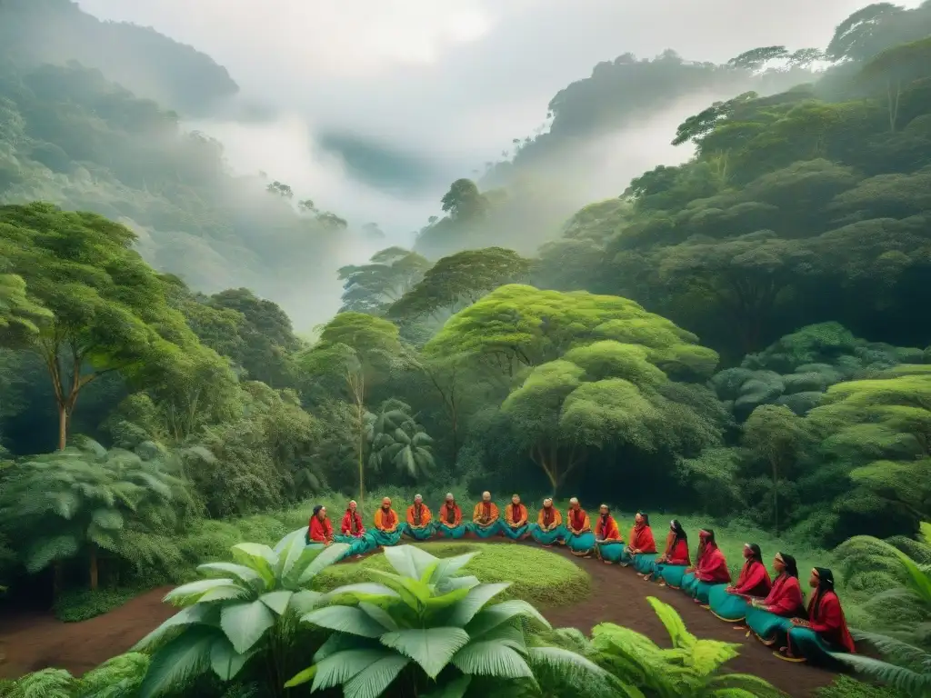 Un grupo de pueblos indígenas en un bosque, realizando actividades de conservación en armonía