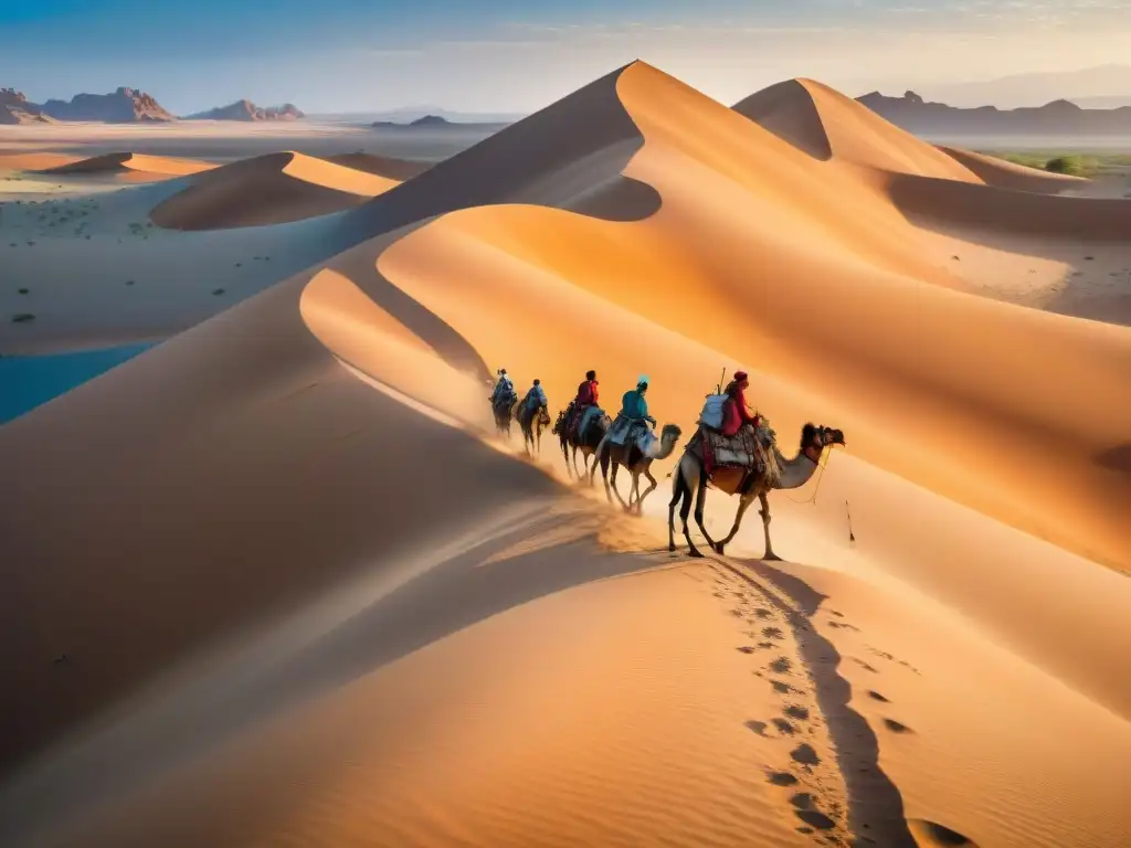 Grupo de pueblos indígenas nómadas conduciendo camellos en un desierto árido con legislación internacional