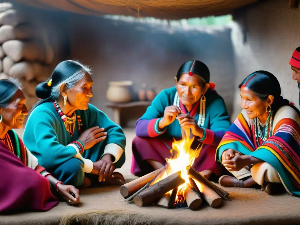 Un grupo de indígenas Quechua, de diversas edades, viste trajes tradicionales coloridos, reunidos alrededor de una fogata en una habitación tenue