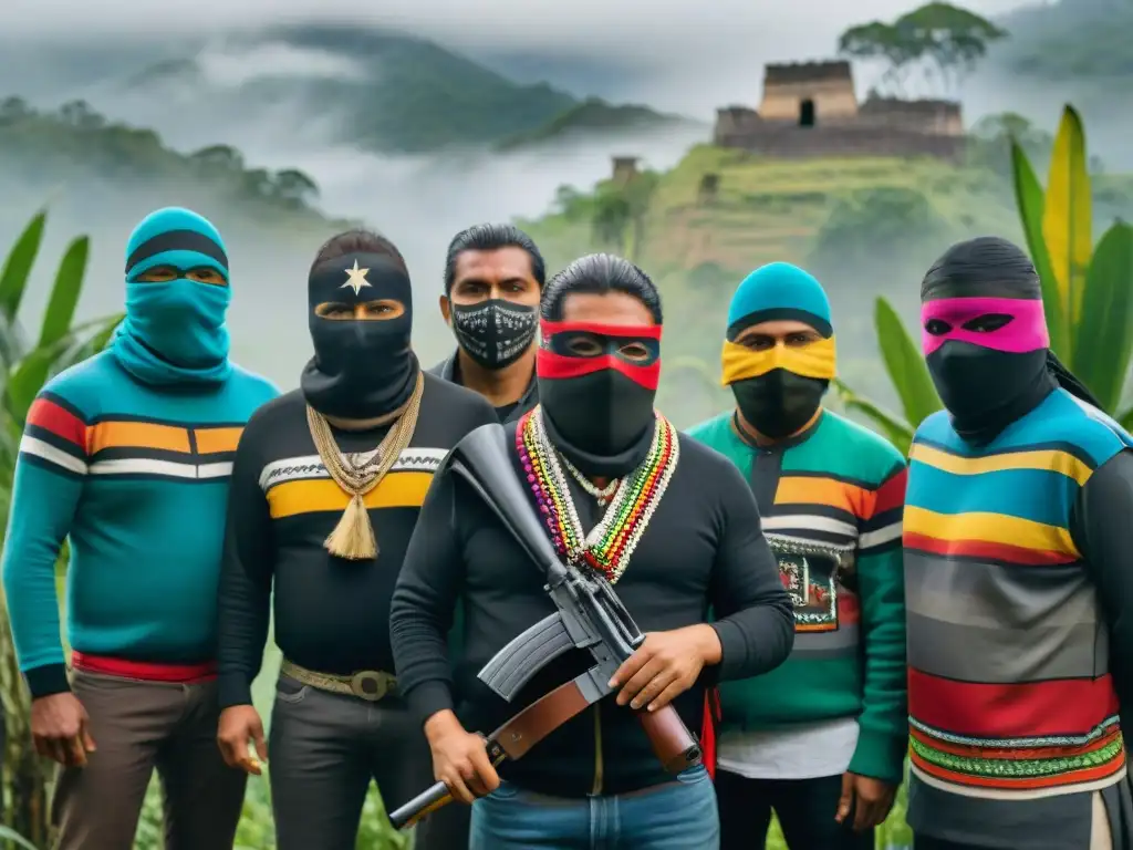 Grupo de rebeldes indígenas Zapatistas en la jungla mexicana, con rifles y máscaras coloridas, simbolizando la Revolución Zapatista voz indígena